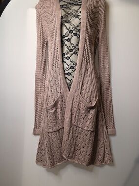 Belldini Taupe Knit/Crochet Sweater/Cardigan w/hood M open front Beachy Boho